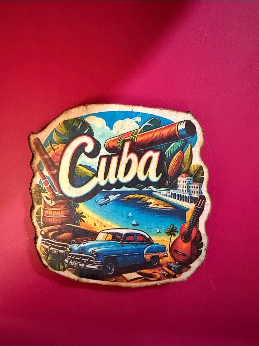 Cuba Vintage Style Decorative Plaque - Blue Car, Tropical Scene